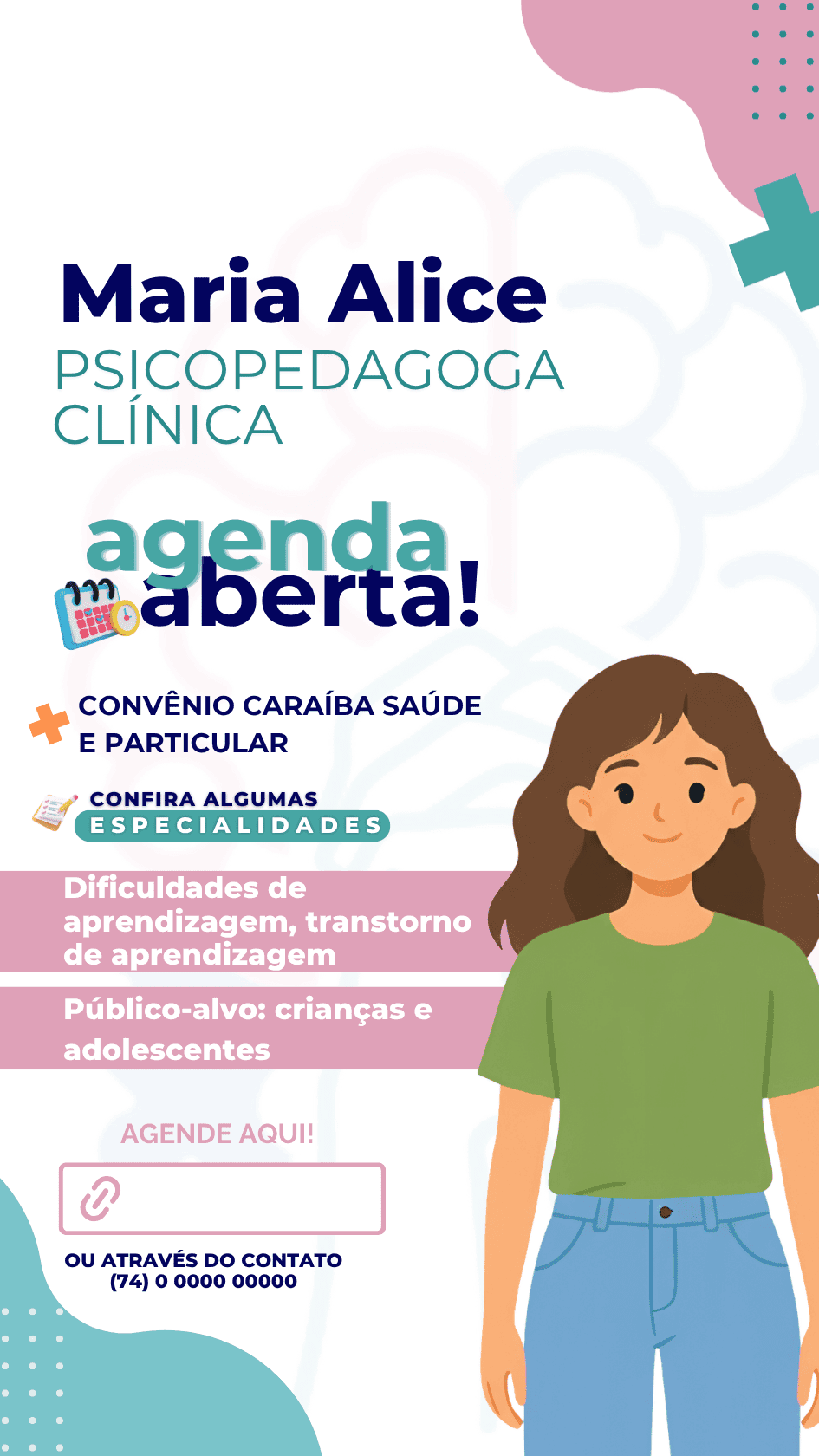 Instagram story for Instituto Desenvolver-TEA introducing a clinical psychopedagogue with an illustrated portrait, an 'agenda aberta!' headline, mauve specialty blocks covering learning difficulties, and a booking call to action