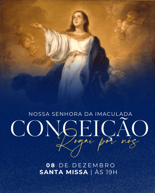 Graphic for the Feast of the Immaculate Conception blending classical artwork into a starry blue background, with a gold script accent reading Rogai por nós over the title